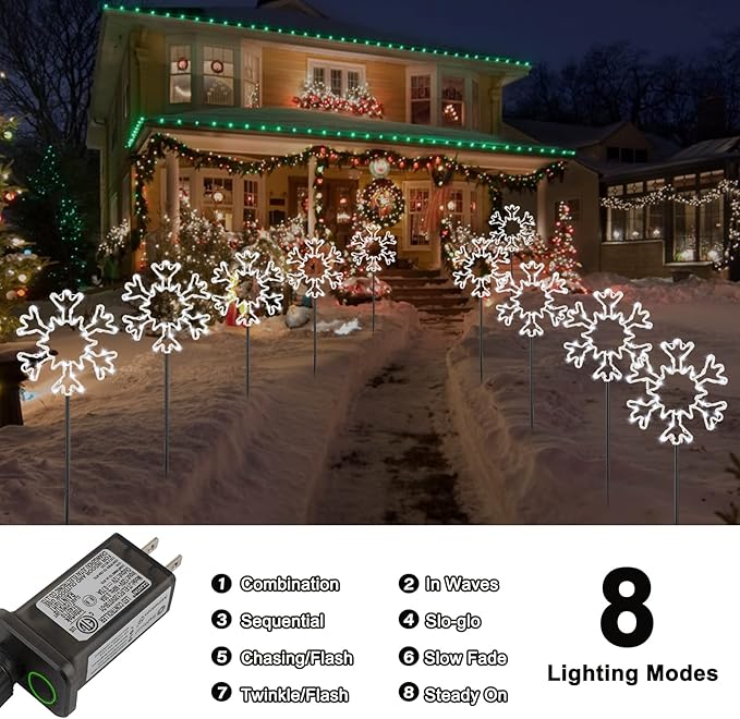 Snowflake Lights Outdoor, 5 Large Snowflake Christmas Pathway Lights Outdoor Christmas Decorations Yard Sidewalk Walkway Driveway Marker Stake, White
