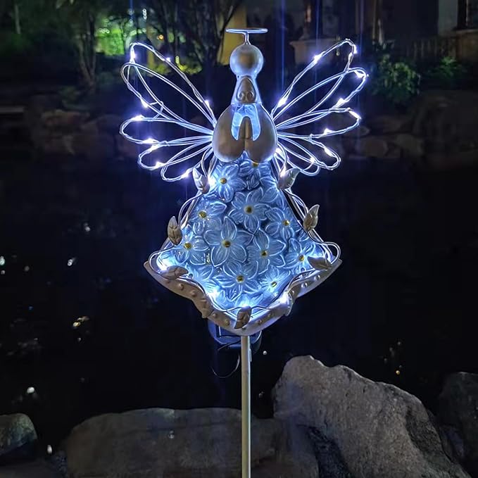 38Inch Angel Solar Lights Outdoor Decorative-Metal&Glass Angel Hydrangea Flower Garden Stake Lawn Light- Waterproof 30 Warm White LED for Remembrance Gifts & Sympathy Gifts(White)