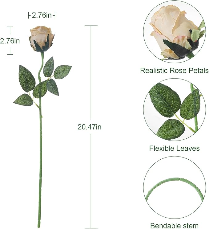 12Pcs Realistic Fake Champagne Roses Faux Flowers with Long Stems, Artificial Silk Rose Flowers for Valentines Day Home Wedding Decor Bridal Bouquet