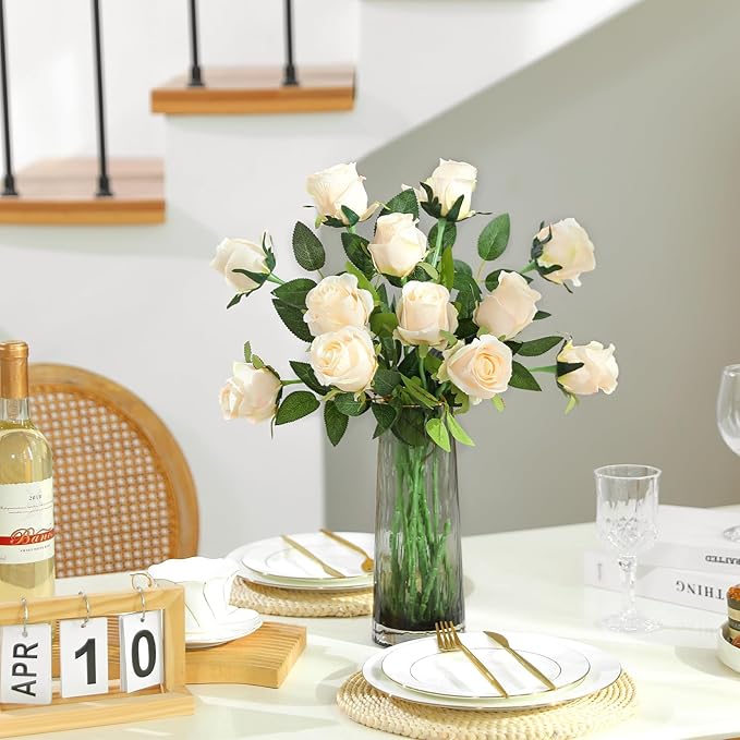 12Pcs Realistic Fake Cream Roses Faux Flowers with Long Stems, Artificial Silk Rose Flowers for Valentines Day Home Wedding Decor Bridal Bouquet