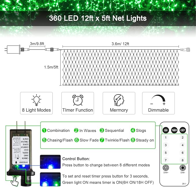 JMEXSUSS 360 LED Green Net Lights Outdoor, Connectable 12ft x 5ft Christmas Net Lights Plug in with Remote, 8 Modes Waterproof Green Christmas Lights for Bushes Christmas Halloween Decorations