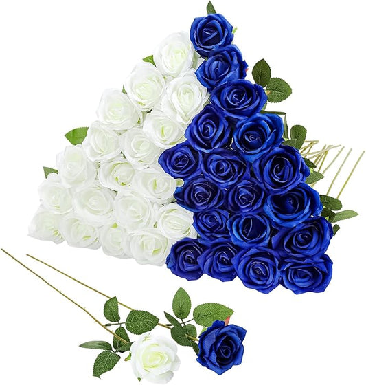 36 Pcs Silk Blue White Rose Bouquet Bridal Artificial Flowers,Fake Rose Long Stem Realistic Flowers Bulk for Wedding Bouquet Ball Arrangement Centerpiece Party Decor
