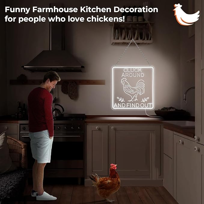Funny Rooster Decor 16 X 16 Inch Large,Rooster Kitchen Decor Kitchen Sign Dimmable Neon Sign for Farmhouse,Rooster Gifts,Chicken Coop,Garden,Farm House Decoration