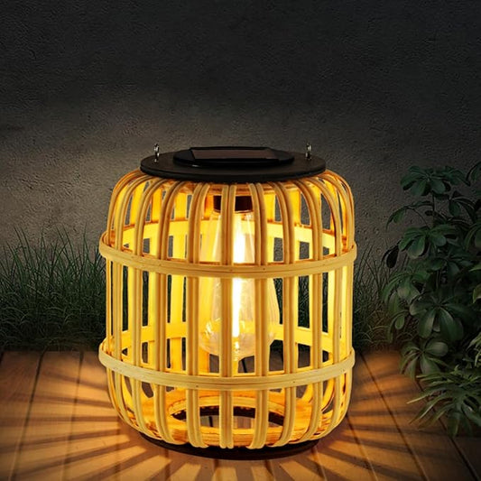 Outdoor Solar Rattan Lantern Hanging Lights with Handle, Waterproof Rattan Solar Lantern, Natural Bamboo LED Decorative Garden Lights for Yard, Patio, Wedding, Home Decoration