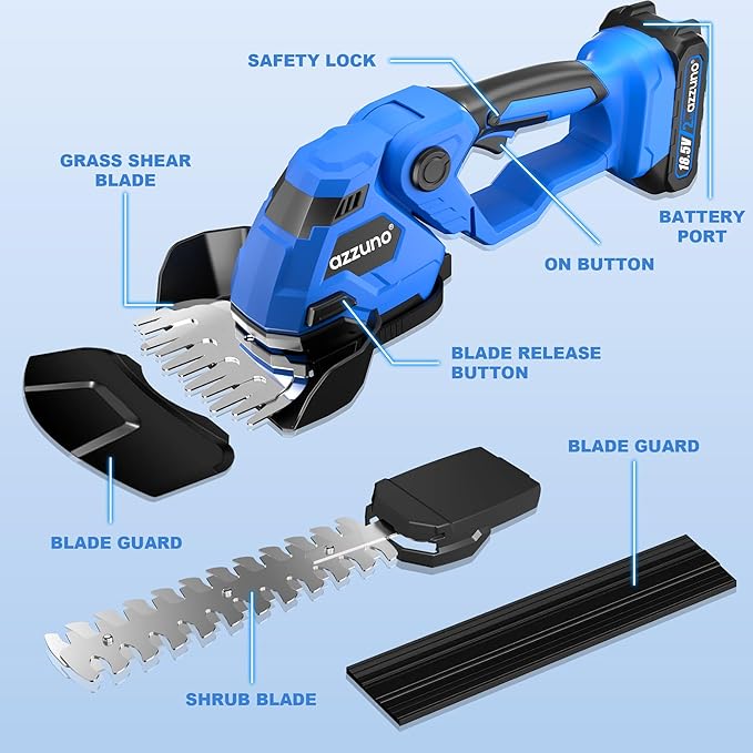 AZZUNO Cordless Hedge Trimmer, 2-in-1 Electric Grass Shears Shrubbery Trimmer with 2Ah Battery，Handheld Grass Cutter Shrub Trimmer for Gardens, Yards, Lawns, Including Charger(2 Batteries)