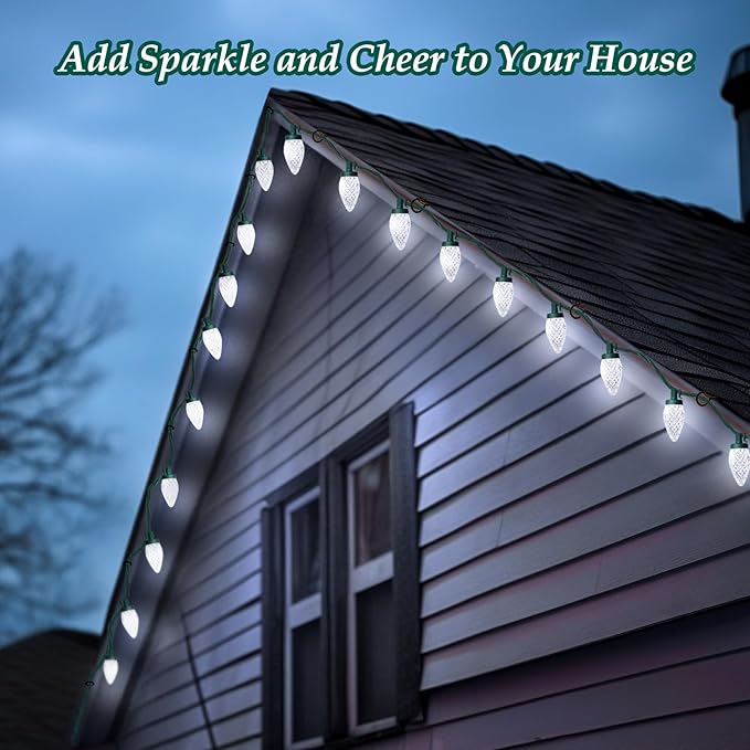 C9 LED Christmas Lights, 34FT 50 Bulbs Outdoor Christmas Decorations for House Waterproof String Lights Extendable Green Wire Fairy Lights for Patio Xmas Garden Party Wedding Holiday Indoor Pure White