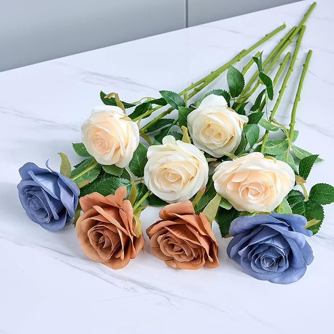12pcs Rose Artificial Flowers Fake Roses Dusty Blue Silk Roses Blue Silk Flowers Rose with Long Stems for Wedding Home Party Centerpieces Decorations