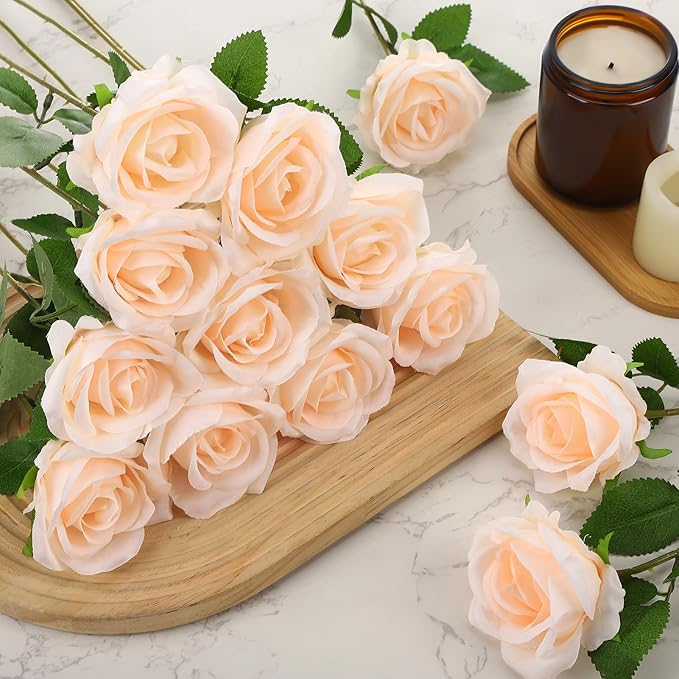 36 Pcs Champagne Artificial Roses with Long Stems, Fake Silk Rose Artificial Flowers Bulk for Bridal Wedding Bouquet Centerpiece Ball Arrangement Party Decor