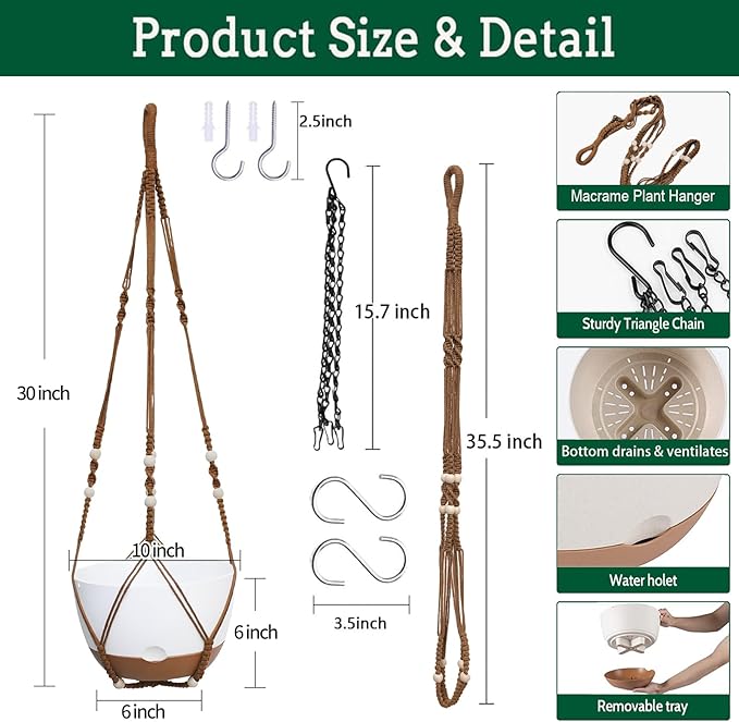 2 Pack Hanging Planters Set,10 Inch Indoor Outdoor Hanging Plant Pot Basket,Hanging Flower Pot with Drainage Hole with 3 Hooks for Garden Home(Caramel Hanger White Planters)