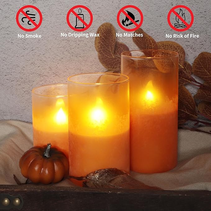 Orange Flameless Candles - Battery Operated Candles with Remote Orange Glass Sandblasted Design Wax Unscented - Centerpieces for Dinner Table Tray House Warming Thanksgiving Gifts