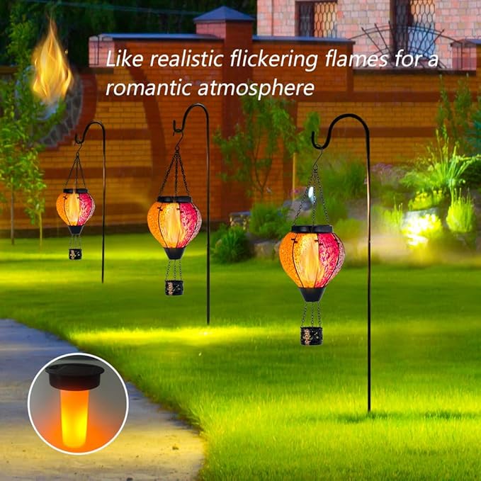 Solar Hot Air Balloon Outdoor Lantern with Flickering Flame, Handmade Glass Hanging Outdoor Lantern Waterproof Decorative Lantern Lamp for Patio, Garden, Porch (Colorful)