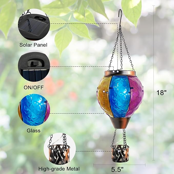 Solar Hot Air Balloon Lantern with Flickering Flame, Hanging Solar Lantern Garden Lights Glass Outdoor Waterproof Candle LED Lights for Garden/Yard/Patio Decor Mother's Day Gifts (Colorful)
