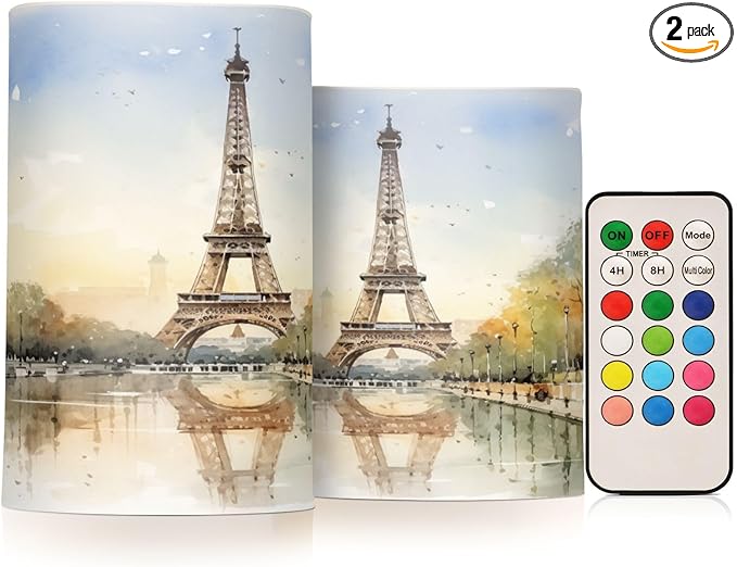 Flickering Flameless Candles, Eiffel Tower Lake LED Candles with Remote Timer, Set of 2 Battery Operated Candle for Valentine Wedding Birthday