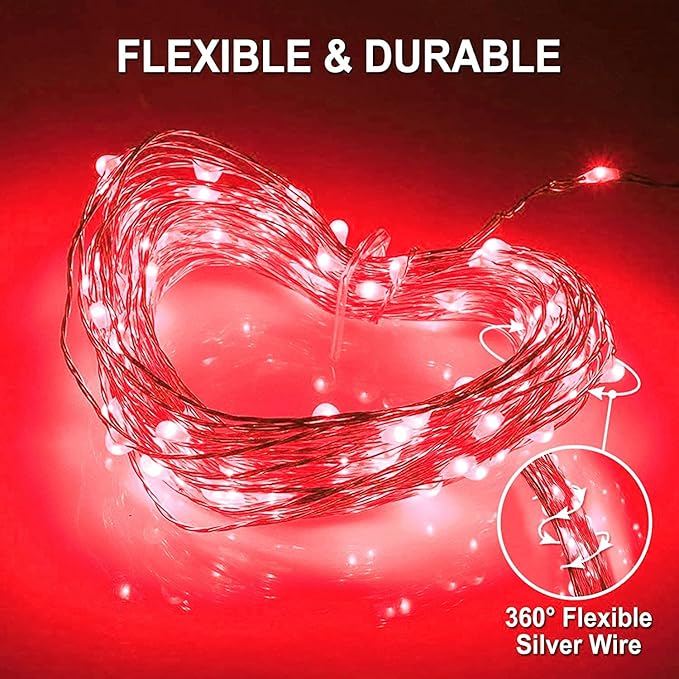 JMEXSUSS 2 Pack Solar Fairy Lights, 33FT 100 LED Red Outdoor Waterproof String Lights for Outside Tree Party Patio Christmas Valentine Day Decorations