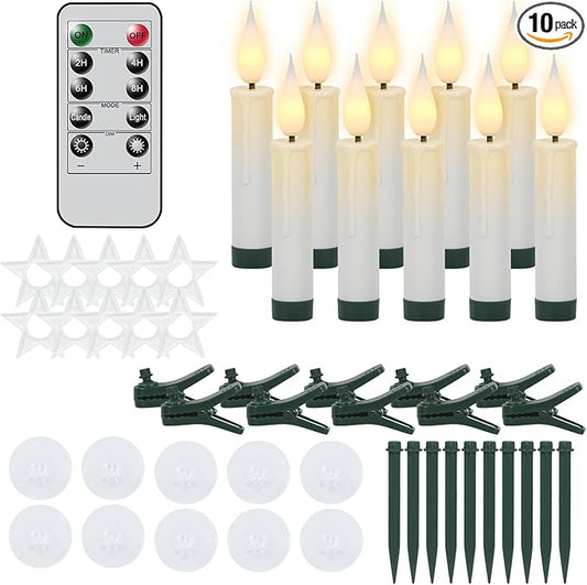 DRomance Christmas Tree Flameless Taper Candle Lights Battery Operated with 10-Key Remote and Timer, 10 Pack Plastic 3D Wick Flickering LED Taper Candles Multi-Using Home Garden Holiday Decor 3.4"
