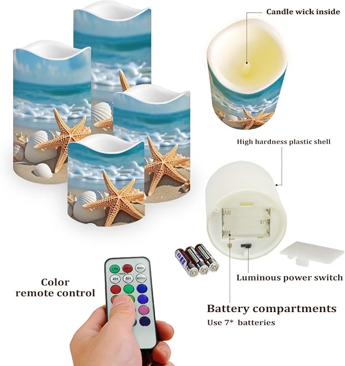 Ystardream Beach Starfish Flameless Candles with Remote Battery Operated Candles Realistic LED Candles with Remote and Timer Set of 4 for Valentines Home Wedding Birthday Decoration
