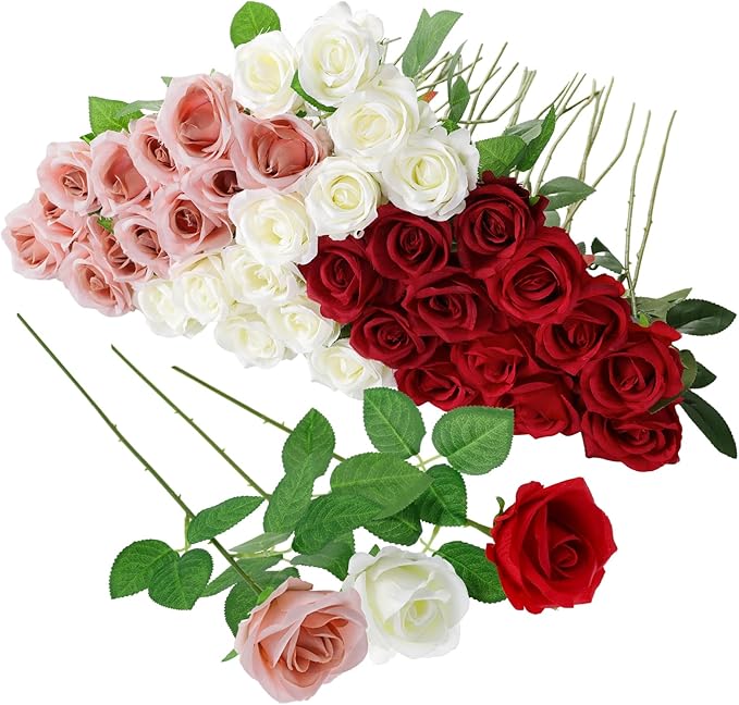 36 Pcs Red White Pink Artificial Roses with Long Stems, Fake Silk Rose Artificial Flowers Bulk for Bridal Wedding Bouquet Centerpiece Ball Arrangement Party Decor