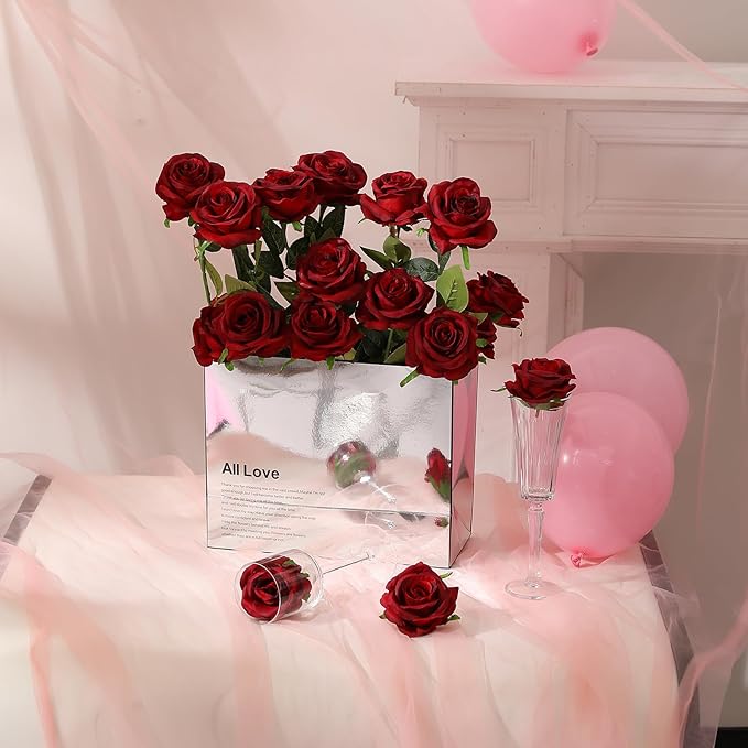 Hawesome 12PCS Artificial Silk Flowers Realistic Roses Bouquet Long Stem for Home Wedding Decoration Party (Wine Red 1)