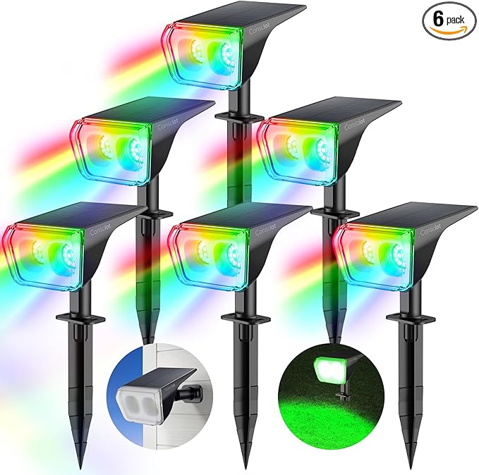 Consciot Solar Spot Lights Outdoor, 30 LED Waterproof Color Changing Solar Spotlight, 2 in 1 Adjustable Wall Lights, 10 Colors, Dusk-to-Dawn Solar Landscape Spotlights for Garden Yard Walkway, 6 Pack