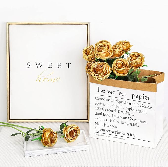 Hawesome 12PCS Artificial Silk Flowers Realistic Roses Bouquet Long Stem for Home Wedding Decoration Party (Gold-1)