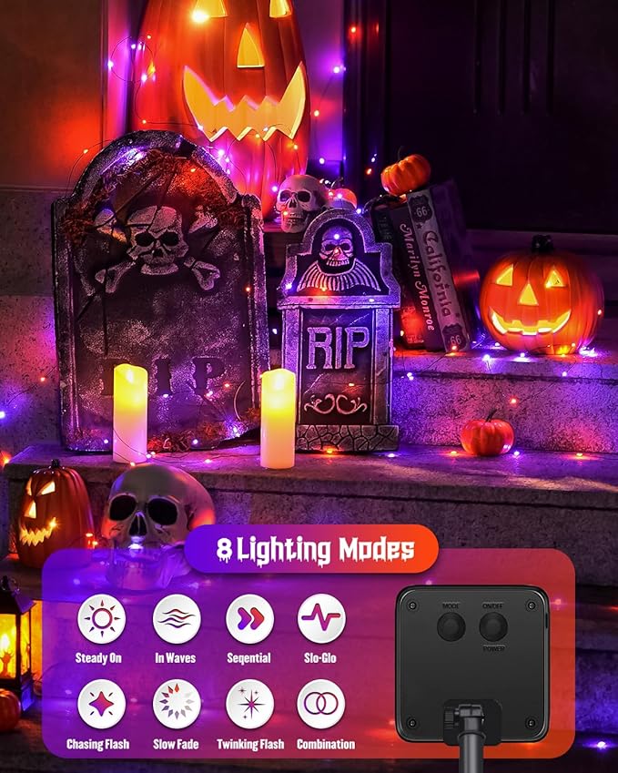 JMEXSUSS 2 Pack Solar Halloween Lights, Total 66FT 200 LED Orange and Purple Halloween Lights Outdoor Waterproof, 8 Mode Black Wire Solar String Lights for Tree Yard Spooky Party Halloween Decorations
