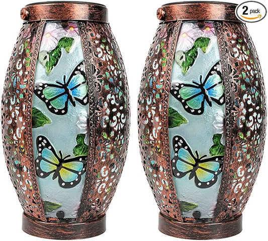 2PCS Butterfly Solar Lanterns Glass & Metal Hanging Light Outdoor Waterproof 16" H Tabletop Lamp with Hollowed-Out Design with Shepherd's Hooks for Garden Patio Table Decor
