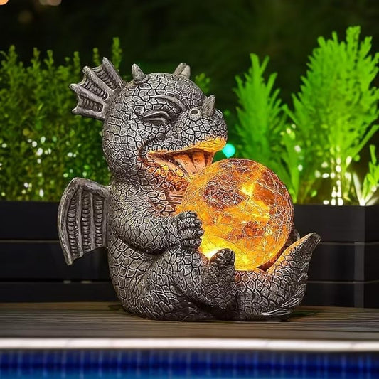 Garden Dragon Statue Outdoor Decor, Baby Resin Figurine Holding Magic Orb With Solar LED Lights, 7.1" for Patio, Lawn & Yard, Summer Gift for Mom