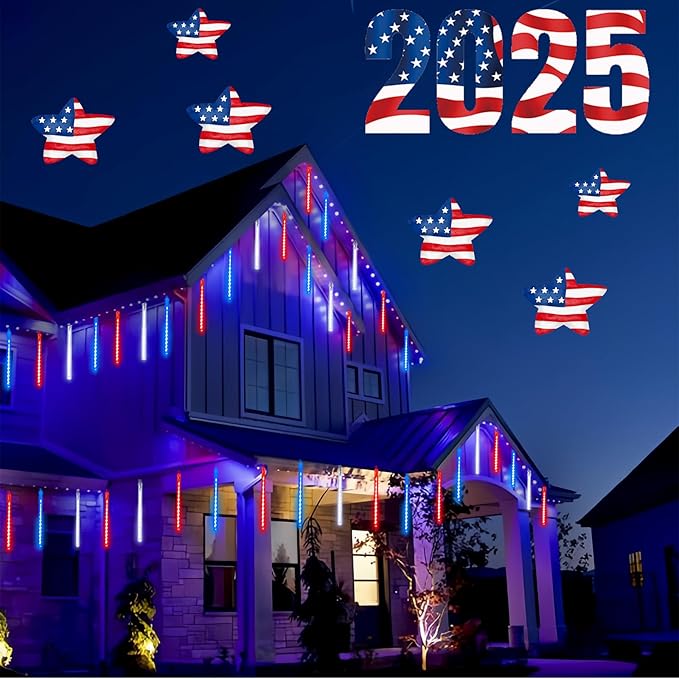 4th of July Decorations Outdoor, Red White and Blue Solar Meteor Shower Lights, 18 Tubes 432 LEDs 4th of July Lights Waterproof, Patriotic Lights String for Independence National Memorial Day Decor