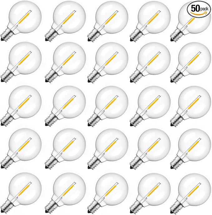 Brightown G40 Led Replacement Light Bulbs, 1W Shatterproof Globe Plastic Bulb Fits E12 or C7 Candelabra Screw Base, 1.5 Inch Dimmable Light Bulbs for Indoor Outdoor Patio Decor, Warm White, 50 Pack
