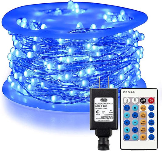 RUICHEN Blue Dimmable Fairy Lights Plug in, Super Long 165 Ft 500 LED Twinkle String Lights with Remote, Waterproof Silver Wire Firefly Lights for Christmas Wedding Party Bedroom Patio Garden