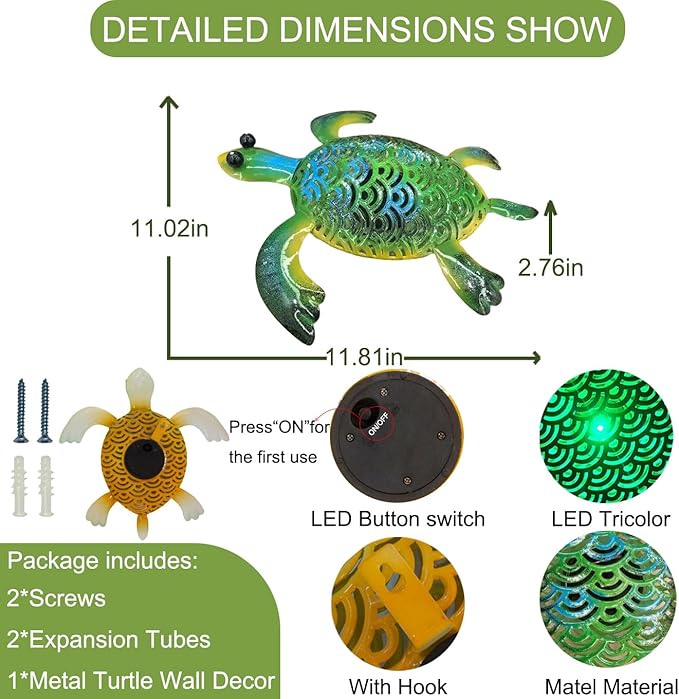 Natelf Solar Powered Turtle Statue Outdoor Decor Metal Animal Yard Art Waterproof Outdoor Sculptures for Patio, Yard, Balcony, Yard Ornament - Unique Housewarming Gifts
