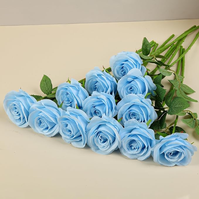 12pcs Roses Artificial Flowers Fake Roses Blue Silk Roses Flowers Rose with Long Stems for Wedding Home Party Centerpieces Decorations
