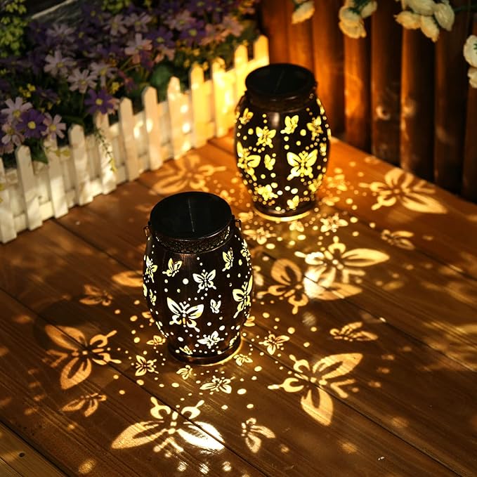 2 Pack Solar Lantern Butterfly Solar Outdoor Waterproof Hanging Metal Solar Powered Patio Lanterns Garden Solar Lights Outdoor Decorative Gifts for Women