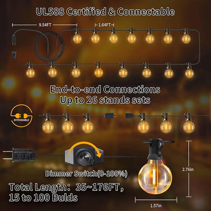 XURISEN Outdoor String Lights with Dimmer, 176FT LED Patio Lights for Outside with 100+8 Shatterproof G40 Globe Bulbs UL Listed IP65 Waterproof Hanging Lighting for Backyard Balcony Bistro Party Decor