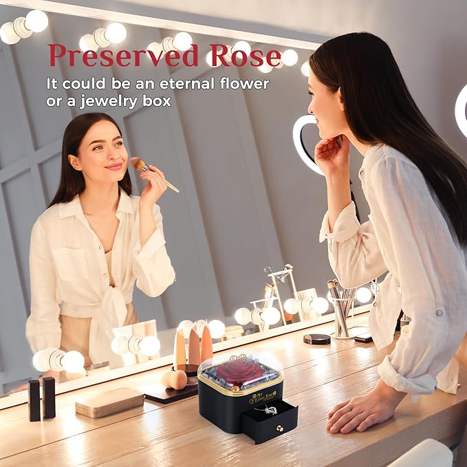 Mikasol Preserved Rose & Heart-Shaped Necklace with Jewelry Box - Preserved Rose, Ideal Romantic Gift for Women, Anniversary, Valentines, Black, 4.9"x4.5"x4.1"