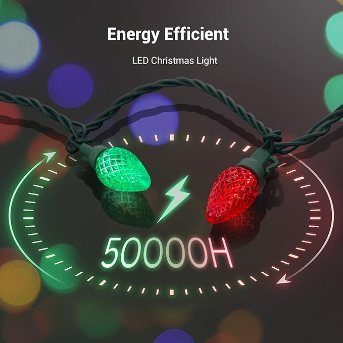 DEWENWILS C7 Red & Green Christmas Lights Outdoor, 33.3ft 50 LED String Lights, Waterproof Connectable Bulb Lights for House, Xmas Tree, Garden, Yard, Porch, Green Wire, UL Listed
