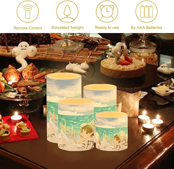 LED Flickering Candles Battery Operated Candles Set of 4 with Remote Control Timer Dancing Flame Pillar Candles Home Table Coastal Decoration, Beach Sky with Starfish