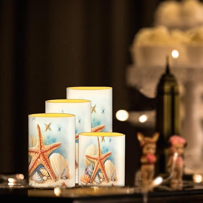 Flameless LED Battery Candles Pack of 4 Waterproof Pillar Candles Tealights with 18-Key Timer Remote Colorful Lights for Outdoor Beach Coastal Home Decor, Starfish Seashell Retro