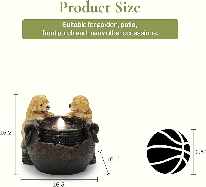LuxenHome Outdoor Water Fountain, 16 Inch Adorable Puppies Resin Water Fountains Indoor with LED Lights, Farmhouse Waterfall Outdoor, Indoor Fountains and Waterfalls for Patio, Garden Decor