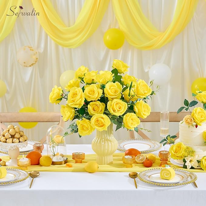 Serwalin ﻿30pcs Artificial Yellow Roses, Realistic Silk Roses Fake Long Stem Artificial Roses for Mother,Wedding Bouquet Table Centerpieces Party Home Birthday Graduation Decorations