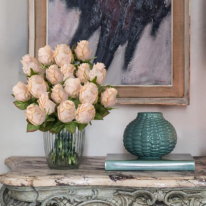 Artificial Realistic Roses Champagne Flowers 24" Real Touch Silk Roses Bouquet Long Stems Rose for Flower Arrangement Fake Roses Decor for Home Party Wedding Table Centerpieces Roses Realistic - 5 Pcs