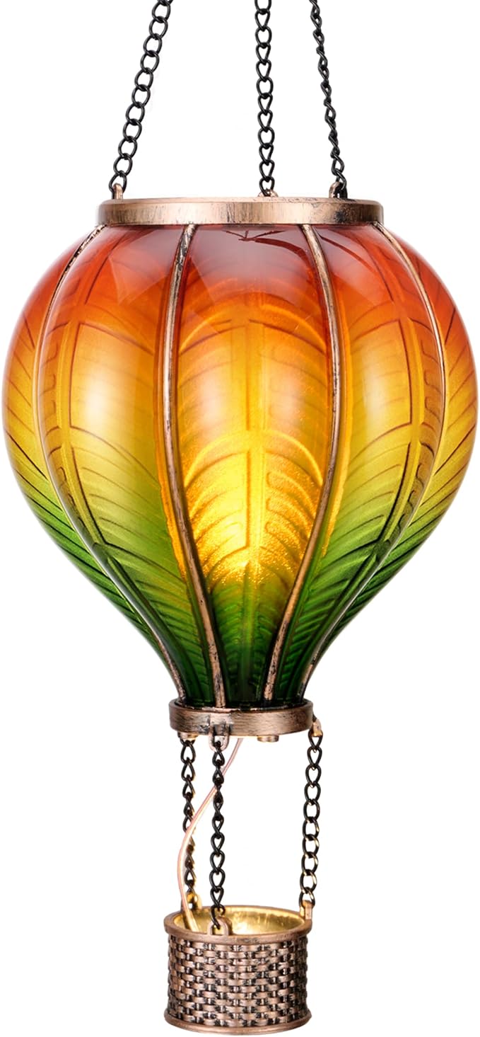 TERESA'S COLLECTIONS Hot Air Balloon Solar Lantern for Garden Decor ,Flickering Flame Hanging Solar Light for Outdoor ,Orange & Green Plastic Lamp for Yard Tree Gift for Mom