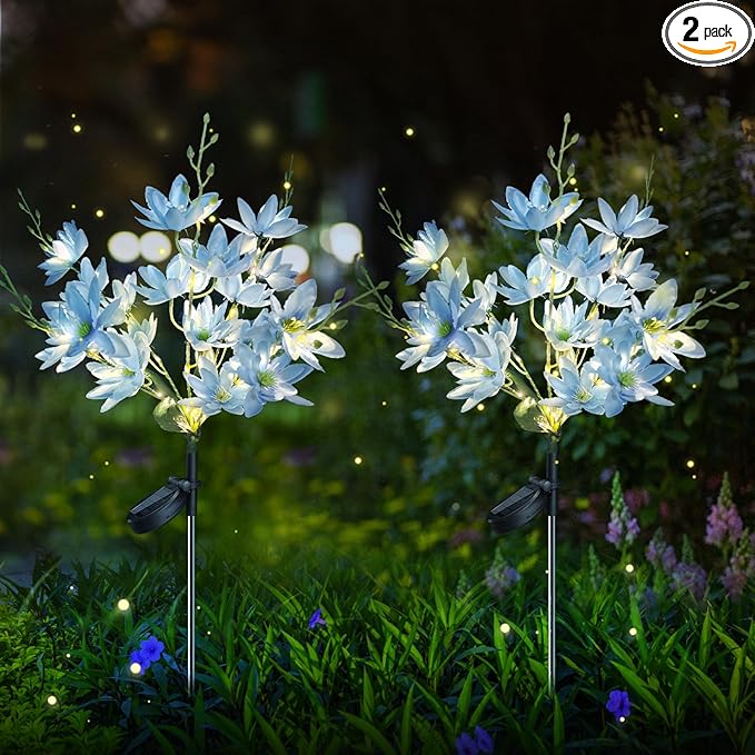 Neporal Solar Flowers Outdoor Waterproof IP65, 5-Head Snow Lotus with 20+ Flowers, Warm LED Light & 2 Lighting Modes, Decorative Solar Lights Outdoor Garden, Yard, Pathway, Flower Bed (2-Pack, Blue)