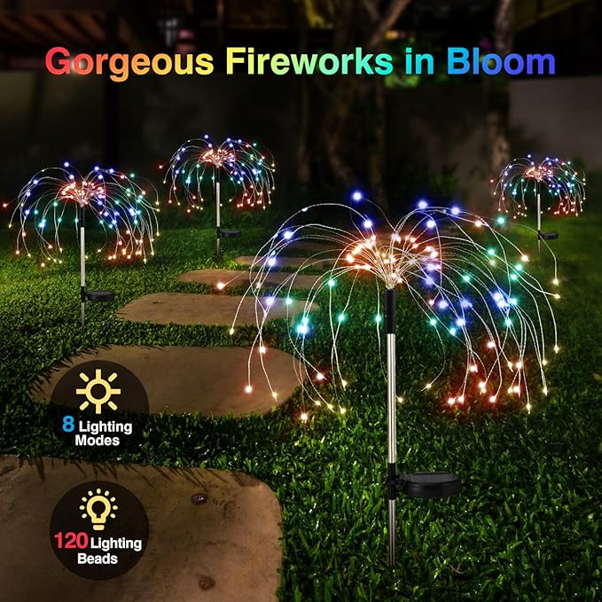 Firework Solar Garden Lights, 120 LED Solar Firework Lights with 8 Lighting Modes, Waterproof Sparkler Starburst Solar Lights Outdoor for Yard Porch Patio Backyard Decor Present, 4 Pack