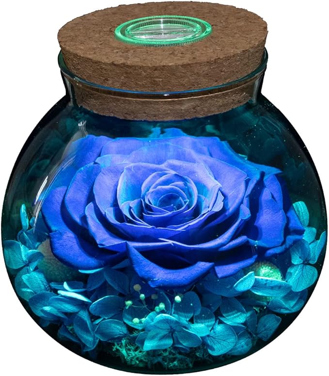 Preserved Real Roses with Colorful Mood Light Wishing Bottle, Eternal Rose，Never Withered Flowers, Table Decor,Christmas Anniversary Valentine's, Blue 4.3inch, 1pcs