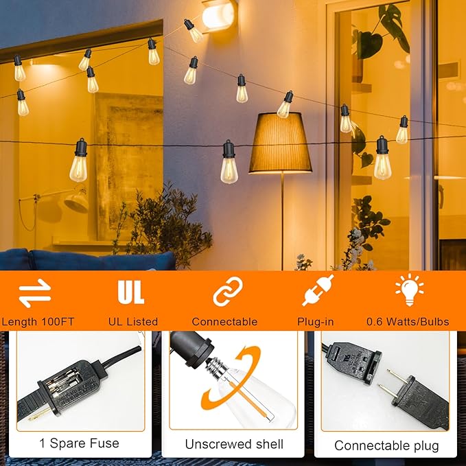 GOOTHY Outdoor String Lights 100Ft ST38 LED Patio Lights Outdoor Waterproof with 52 Vintage Edison Bulbs, Connectable Dimmable Backyard Light for Outside Backyard Porch Balcony Party Bar Decorations