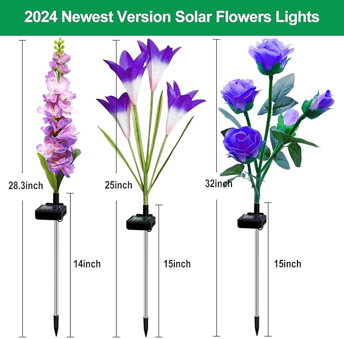 Solar Flowers Lights, 6 Pack Lily Rose Delphinium, Waterproof Gardening Gifts for Mom, Multi-Color Changing Outdoor Lights for Garden, Yard, Patio, Lawn
