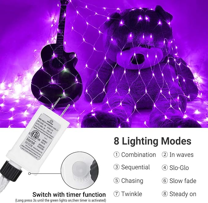 Joomer 12ft x 5ft 360LED Purple Halloween Net Lights Outdoor, 8 Modes Timer Connectable Waterproof Bush Mesh Netting for Halloween Outdoor Decorations (Clear Wire)