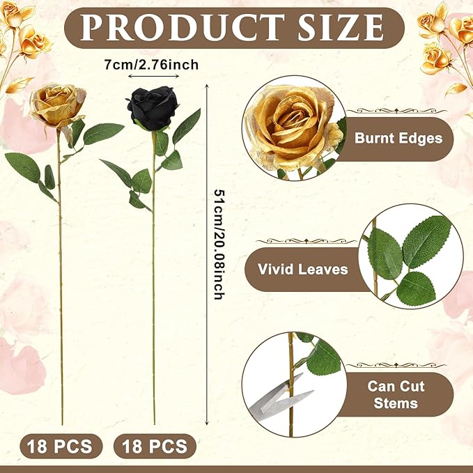 36 Pcs Silk Black Gold Rose Bouquet Bridal Artificial Flowers,Fake Rose Long Stem Realistic Flowers Bulk for Wedding Bouquet Ball Arrangement Centerpiece Party Decor