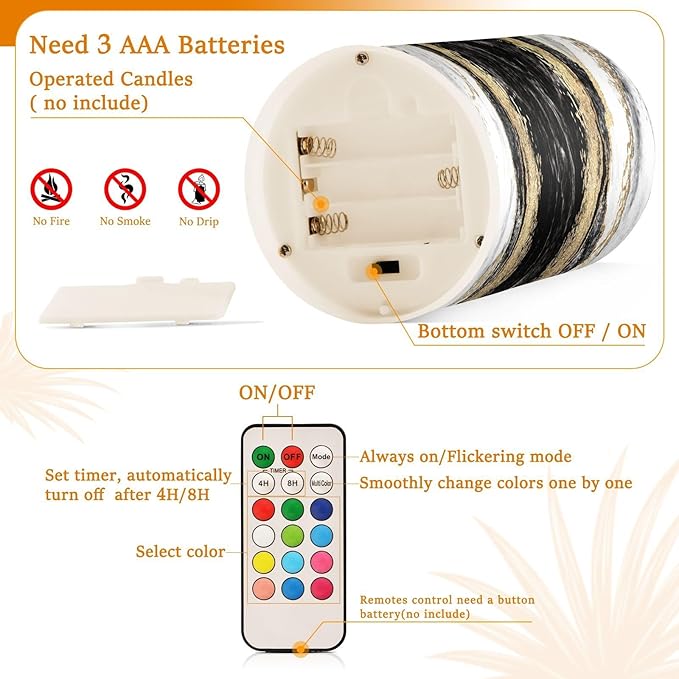 Flickering Flameless Candles, Black White Marble Gold Veins LED Candles with Remote Timer, Set of 2 Battery Operated Candle for Valentine Wedding Birthday